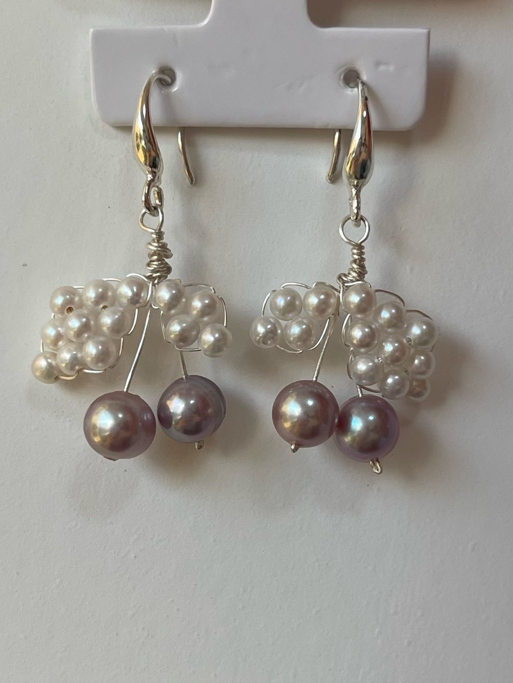 Elegant Pink & White Pearl Cluster Cherry Earrings - 925 silver hooks 40